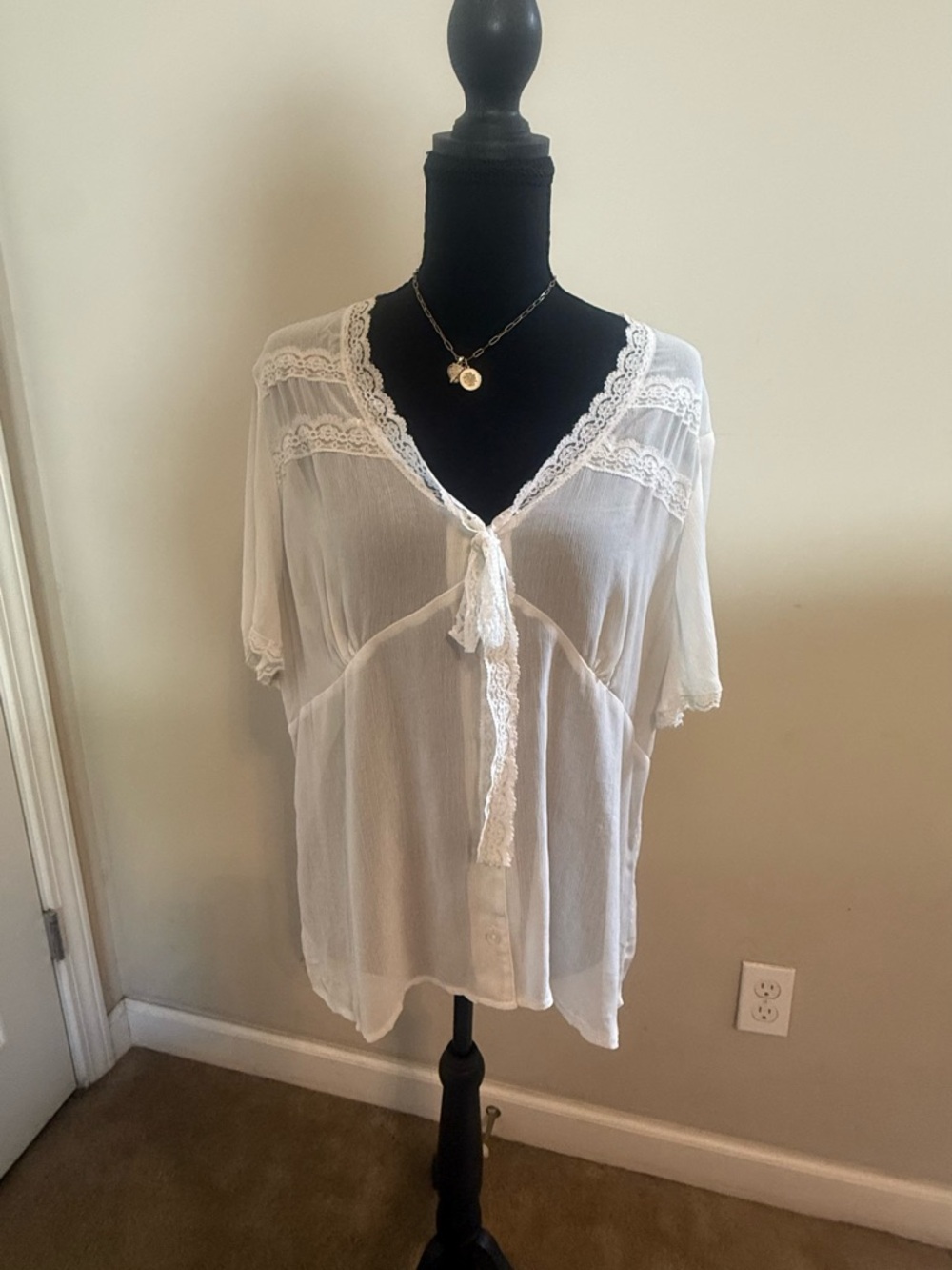 Sheer Lace-Trim White Tie-Front Women's Top